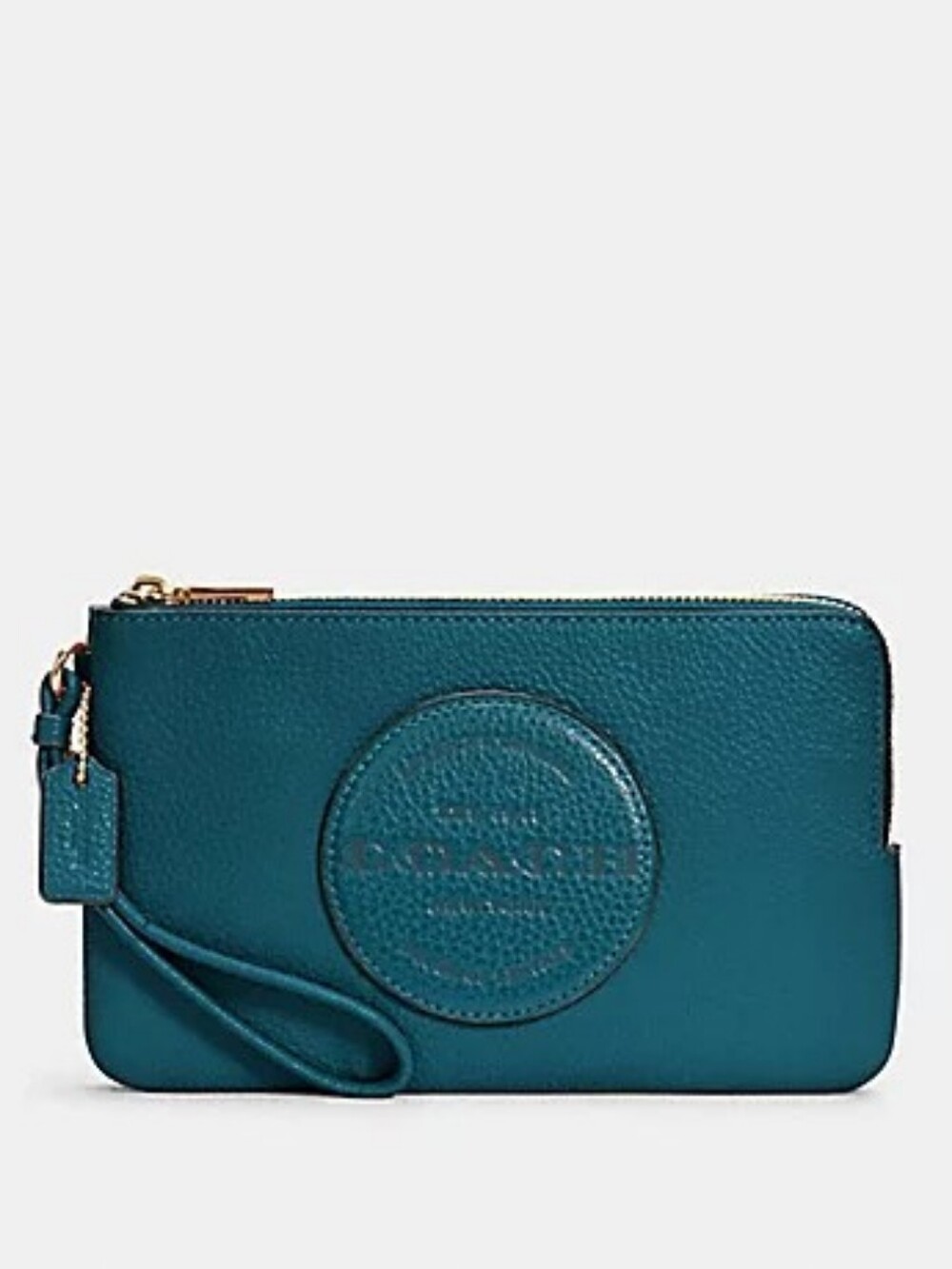 😍 Coach Dempsey Teal Ink Pebbled Leather Double Zip Wristlet Wallet With Patch